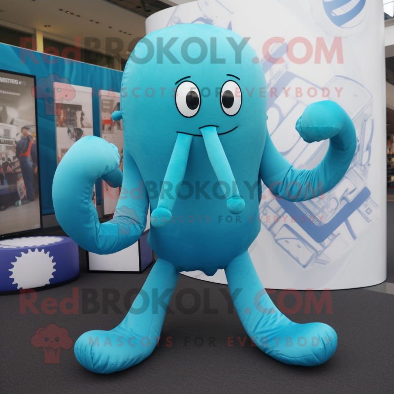 Cyan Kraken mascot costume character dressed with a Yoga Pants and Pocket squares Cyan Kraken mascot costume character dressed with a Yoga Pants and Pocket squares