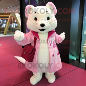 Pink Ermine mascot costume character dressed with a Jacket and Clutch bags