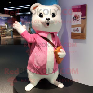 Pink Ermine mascot costume character dressed with a Jacket and Clutch bags