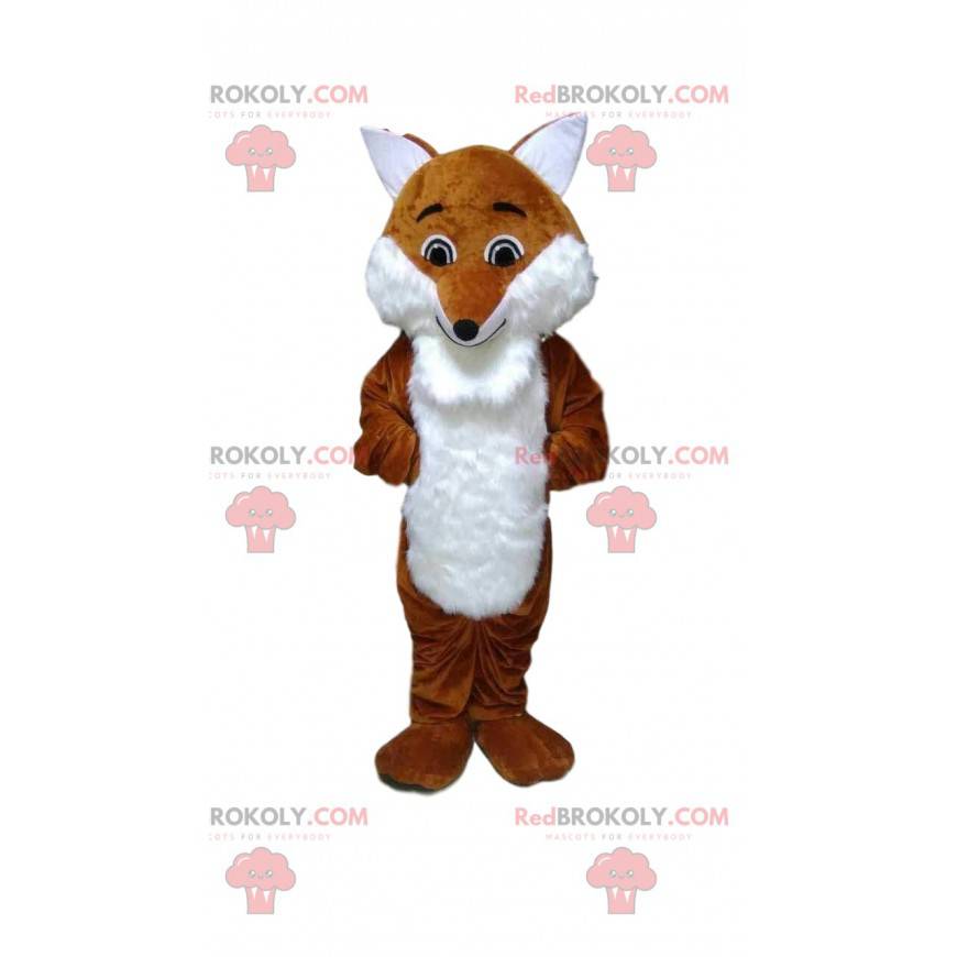 Mascota de zorro naranja y blanco, traje de bosque -