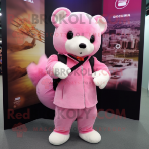 Pink Ermine mascot costume character dressed with a Jacket and Clutch bags