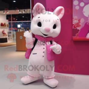 Pink Ermine mascot costume character dressed with a Jacket and Clutch bags