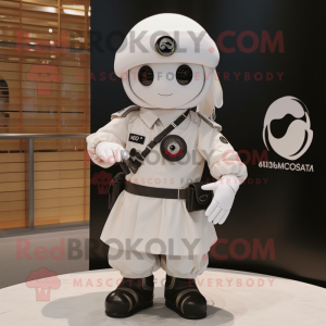 White Para Commando mascot costume character dressed with a Circle Skirt and Berets