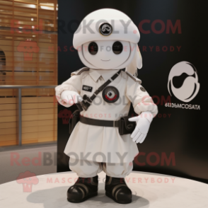 White Para Commando mascot costume character dressed with a Circle Skirt and Berets