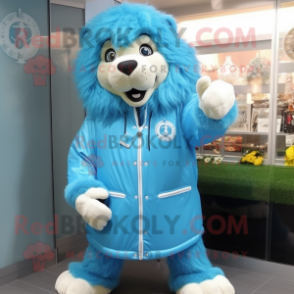 Cyan Lion mascot costume character dressed with a Raincoat and Digital watches