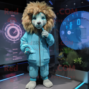 Cyan Lion mascot costume character dressed with a Raincoat and Digital watches