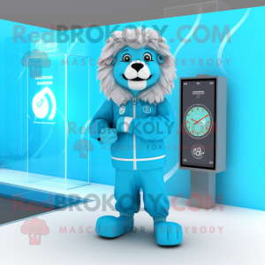 Cyan Lion mascot costume character dressed with a Raincoat and Digital watches