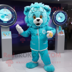 Cyan Lion mascot costume character dressed with a Raincoat and Digital watches