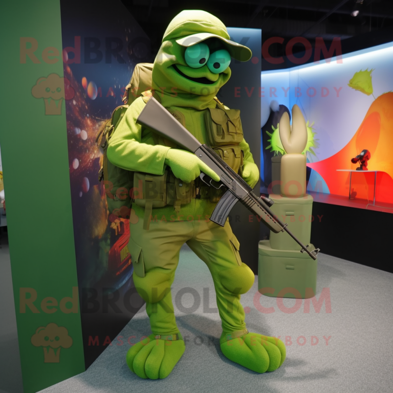 Green Sniper mascot costume character dressed with a Leggings and Backpacks