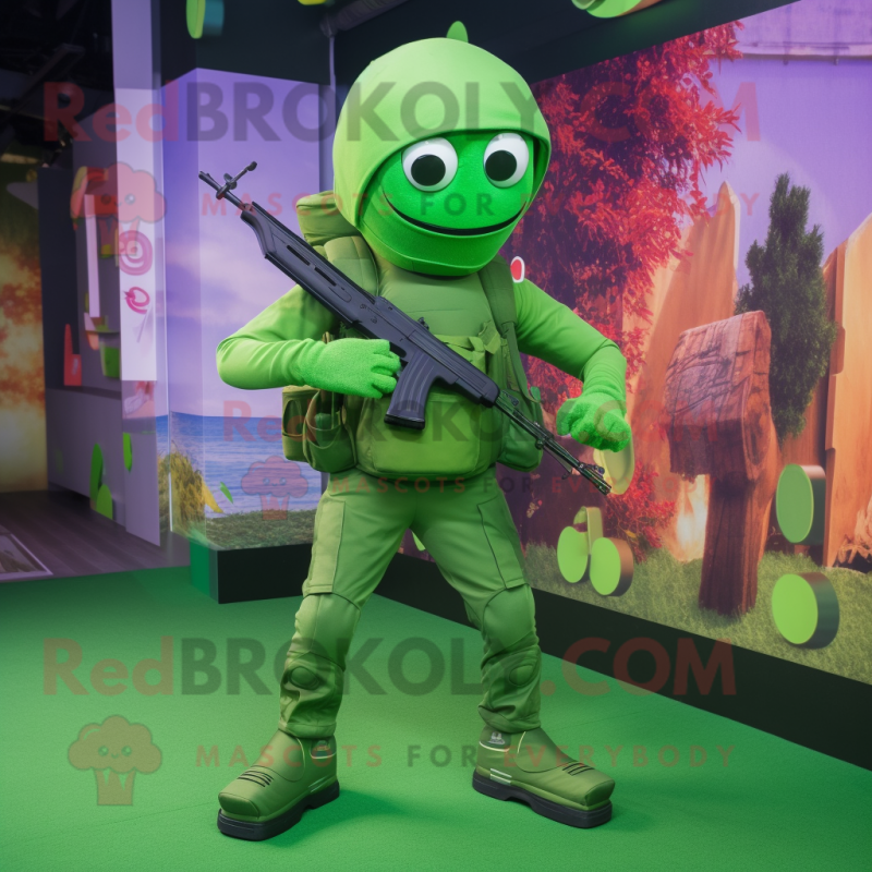 Green Sniper mascot costume character dressed with a Leggings and Backpacks