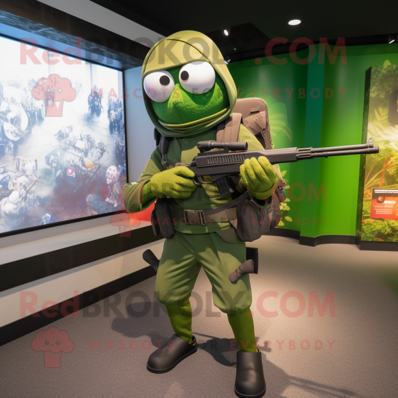 Green Sniper mascot costume character dressed with a Leggings and Backpacks Green Sniper mascot costume character dressed with a Leggings and Backpacks