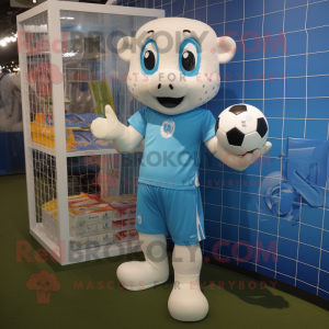 Cyan Soccer Goal mascot costume character dressed with a Henley Tee and Clutch bags