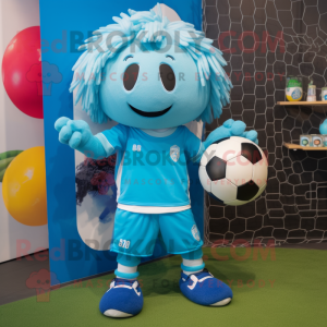Cyan Soccer Goal mascot costume character dressed with a Henley Tee and Clutch bags