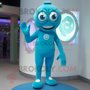 Cyan Cyclops mascot costume character dressed with a Midi Dress and Gloves