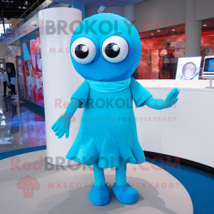 Cyan Cyclops mascot costume character dressed with a Midi Dress and Gloves