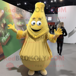 Gold Onion mascot costume character dressed with a Maxi Dress and Mittens