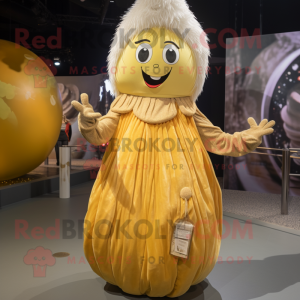 Gold Onion mascot costume character dressed with a Maxi Dress and Mittens