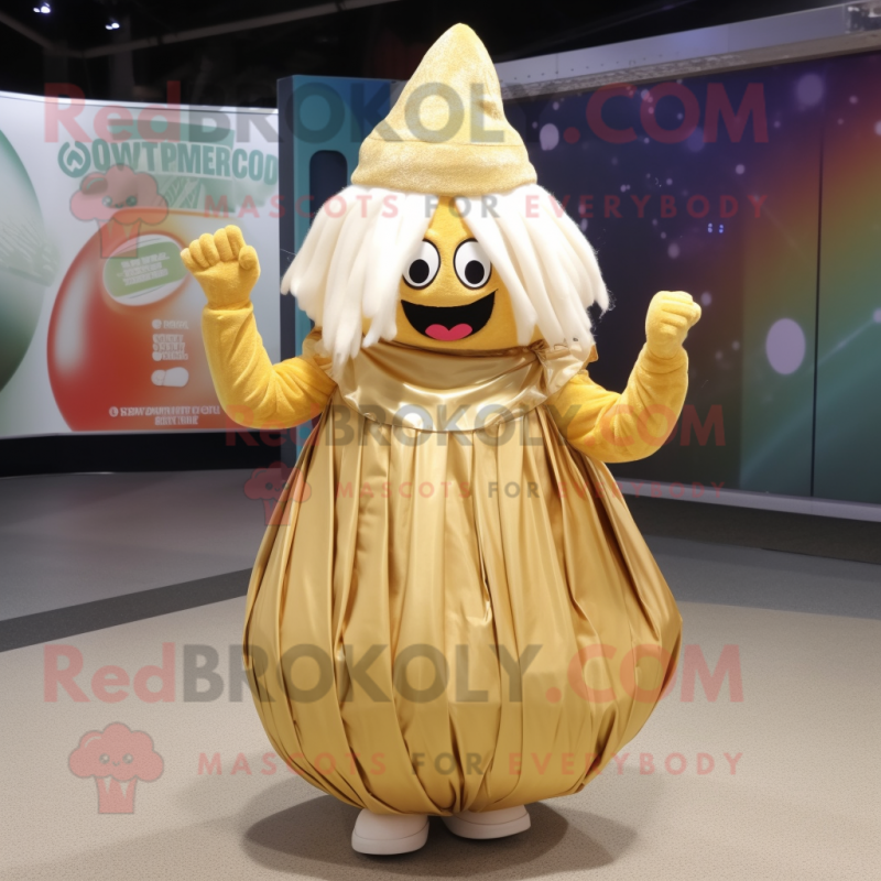 Gold Onion mascot costume character dressed with a Maxi Dress and Mittens