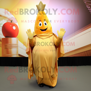 Gold Onion mascot costume character dressed with a Maxi Dress and Mittens