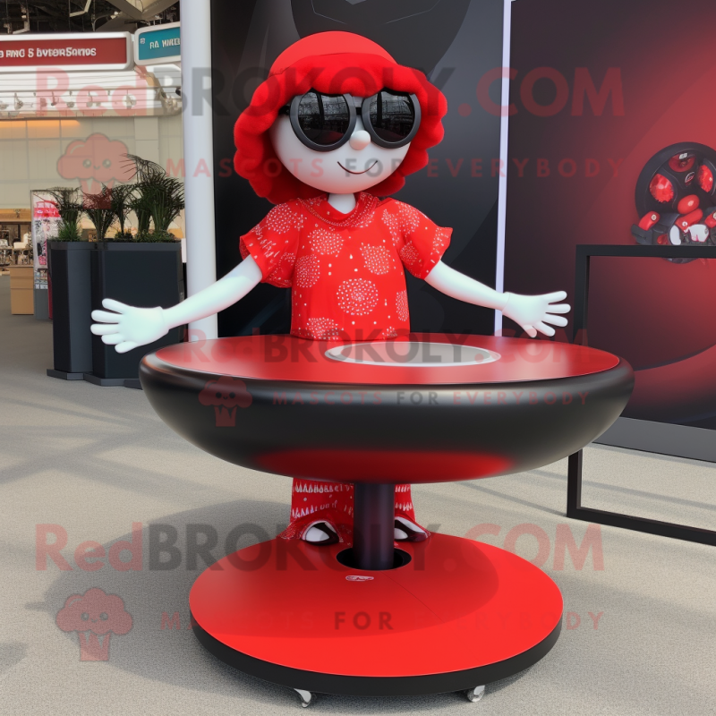 Red Plate Spinner mascot costume character dressed with a Midi Dress and Sunglasses
