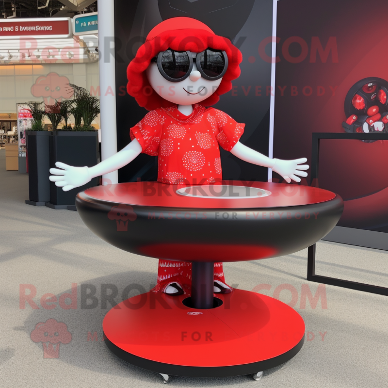 Red Plate Spinner mascot costume character dressed with a Midi Dress and Sunglasses Red Plate Spinner mascot costume character dressed with a Midi Dress and Sunglasses