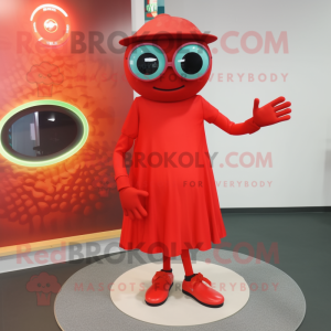 Red Plate Spinner mascot costume character dressed with a Midi Dress and Sunglasses