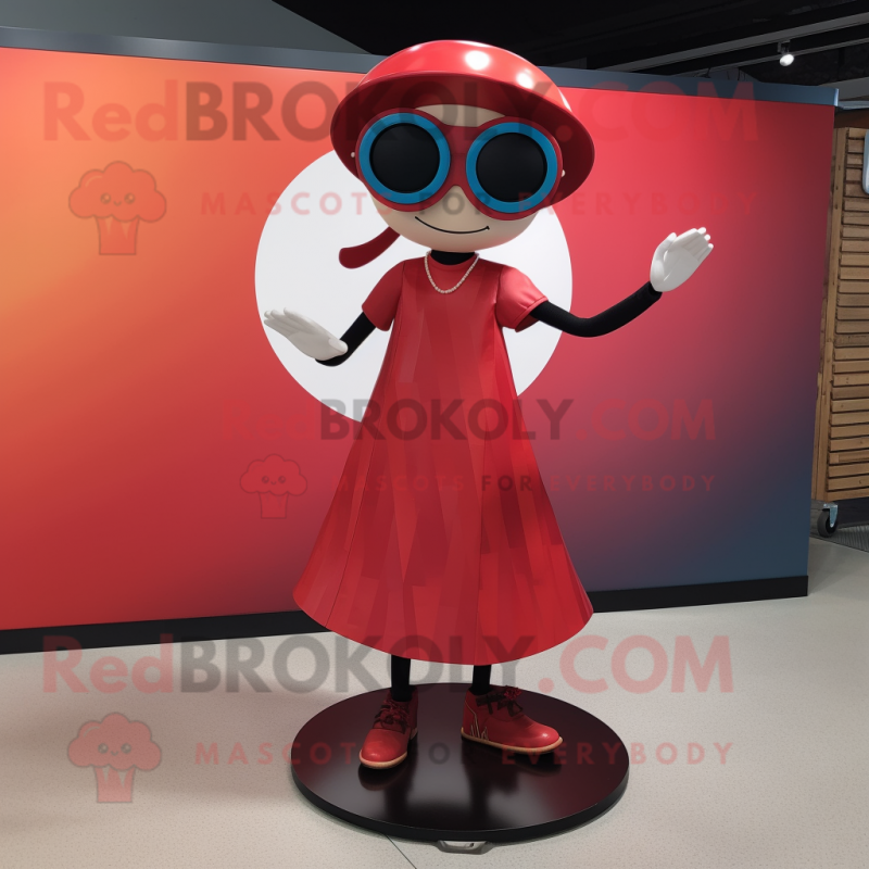 Red Plate Spinner mascot costume character dressed with a Midi Dress and Sunglasses