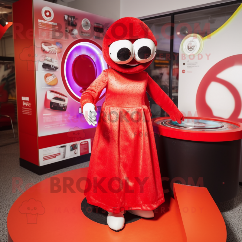 Red Plate Spinner mascot costume character dressed with a Midi Dress and Sunglasses