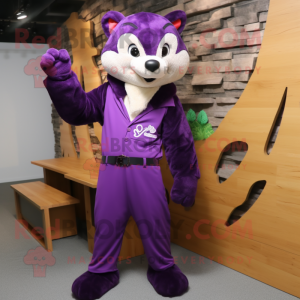 Purple Marten mascot costume character dressed with a Jumpsuit and Ties