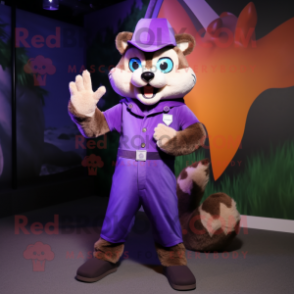 Purple Marten mascot costume character dressed with a Jumpsuit and Ties