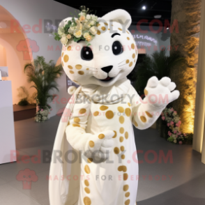 Cream Jaguar mascot costume character dressed with a Wedding Dress and Watches