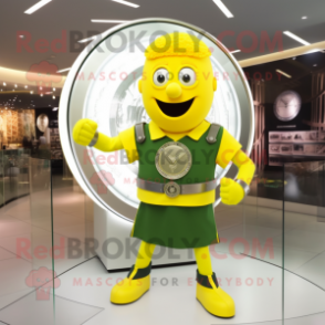 Lemon Yellow Celtic Shield mascot costume character dressed with a Henley Shirt and Bracelet watches