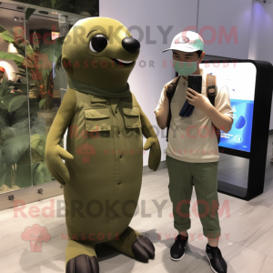 Olive Sea Lion mascot costume character dressed with a Cargo Pants and Smartwatches