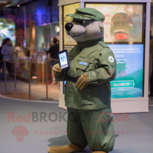 Olive Sea Lion mascot costume character dressed with a Cargo Pants and Smartwatches