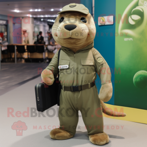 Olive Sea Lion mascot costume character dressed with a Cargo Pants and Smartwatches