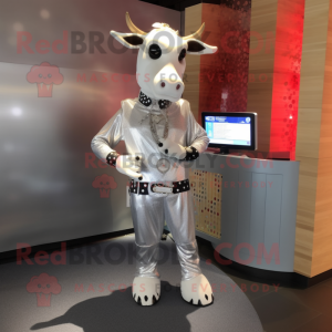 Silver Jersey Cow mascot costume character dressed with a Flare Jeans and Digital watches