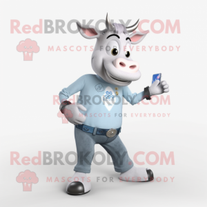 Silver Jersey Cow mascot costume character dressed with a Flare Jeans and Digital watches