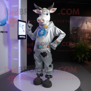 Silver Jersey Cow mascot costume character dressed with a Flare Jeans and Digital watches