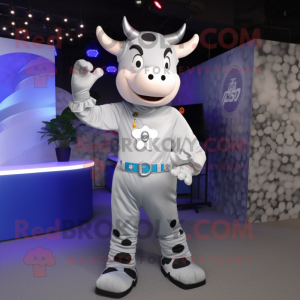 Silver Jersey Cow mascot costume character dressed with a Flare Jeans and Digital watches