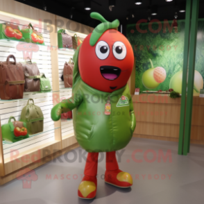 Olive Tomato mascot costume character dressed with a Windbreaker and Clutch bags