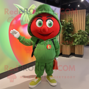 Olive Tomato mascot costume character dressed with a Windbreaker and Clutch bags