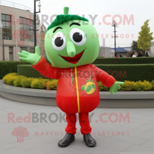 Olive Tomato mascot costume character dressed with a Windbreaker and Clutch bags