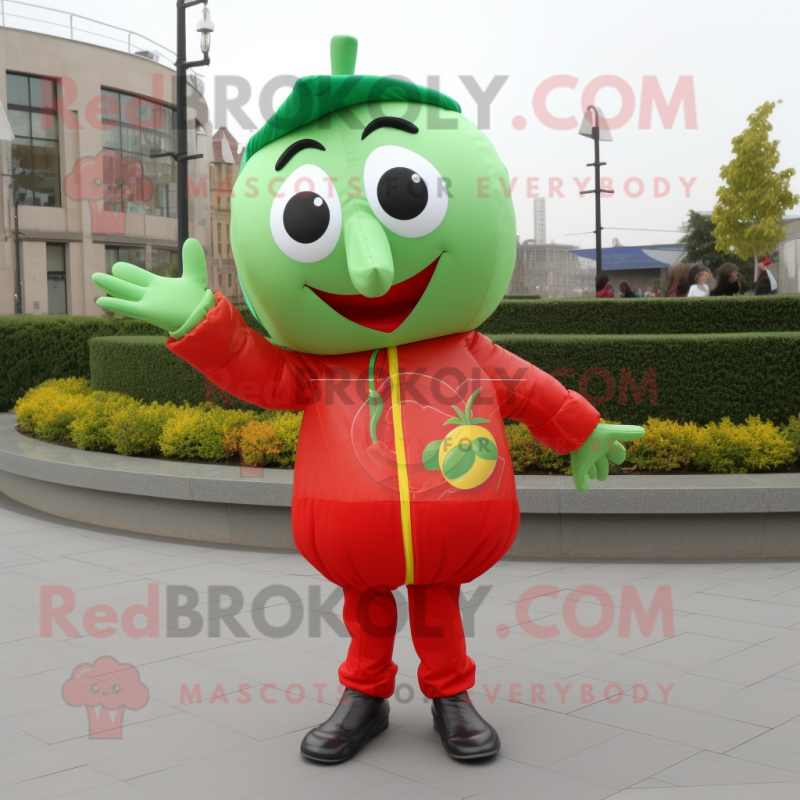 Olive Tomato mascot costume character dressed with a Windbreaker and Clutch bags Olive Tomato mascot costume character dressed with a Windbreaker and Clutch bags