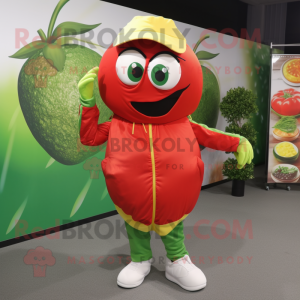 Olive Tomato mascot costume character dressed with a Windbreaker and Clutch bags