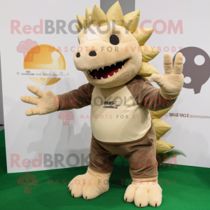 Beige Stegosaurus mascot costume character dressed with a Shorts and Lapel pins