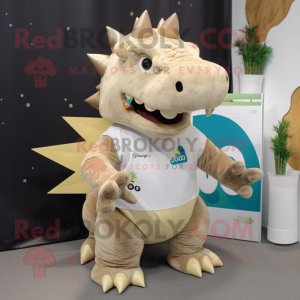 Beige Stegosaurus mascot costume character dressed with a Shorts and Lapel pins