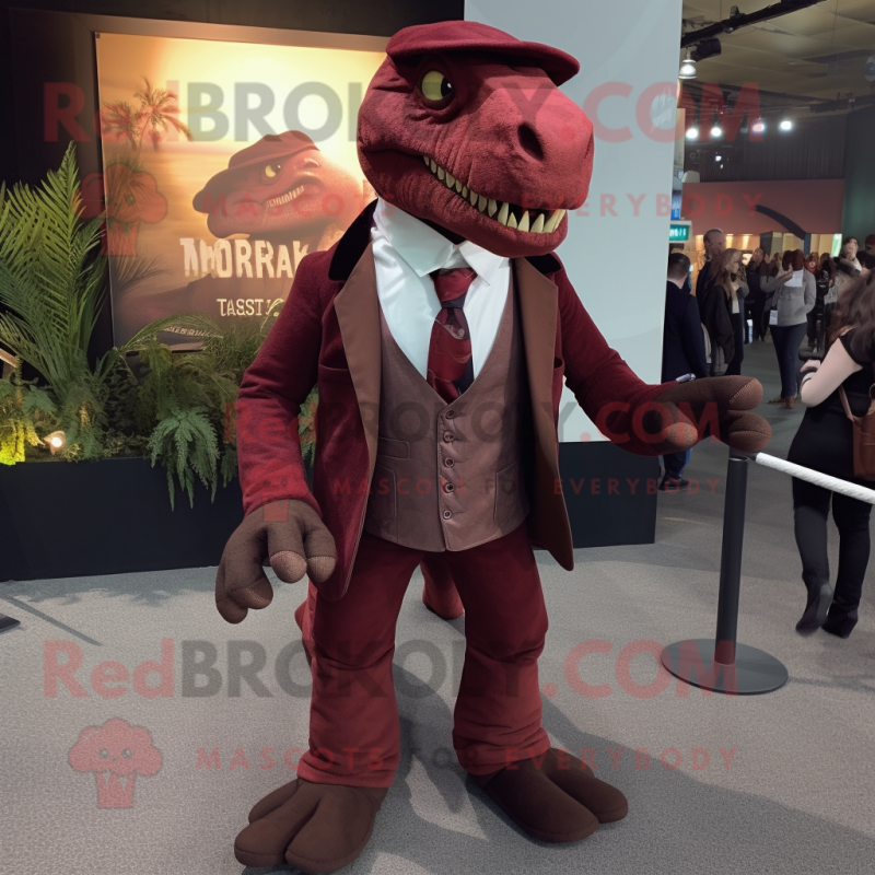 Maroon T Rex mascot costume character dressed with a Suit and Suspenders