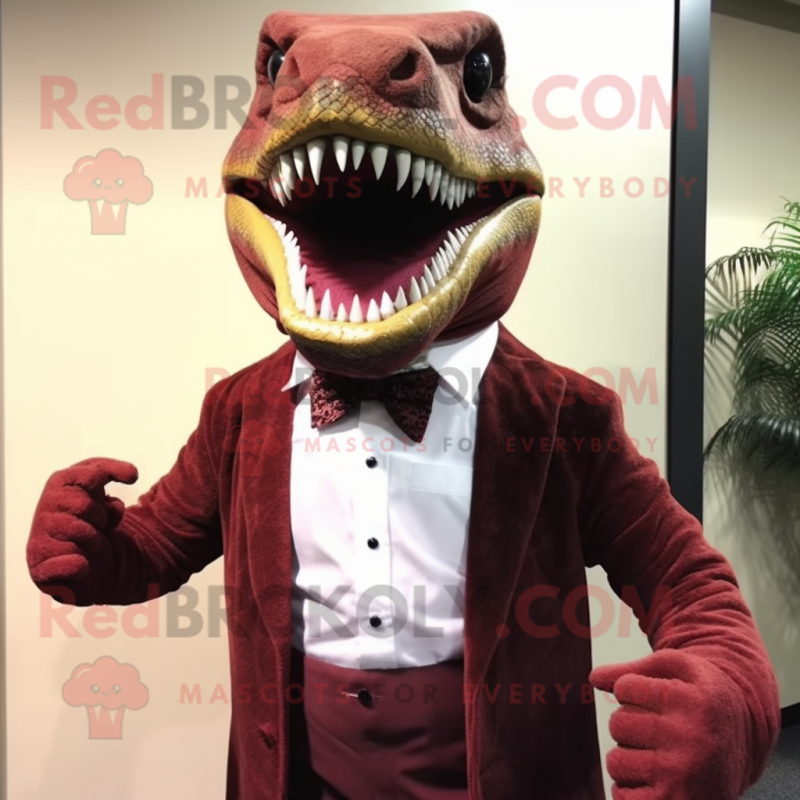 Maroon T Rex mascot costume character dressed with a Suit and Suspenders Maroon T Rex mascot costume character dressed with a Suit and Suspenders