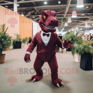Maroon T Rex mascot costume character dressed with a Suit and Suspenders