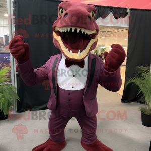 Maroon T Rex mascot costume character dressed with a Suit and Suspenders